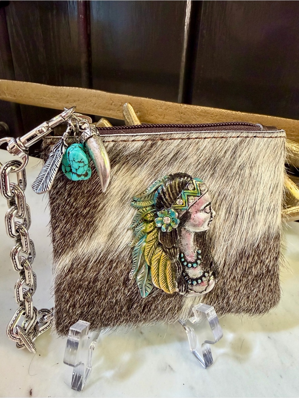 GENUINE COWHIDE LEATHER HAIR ON HIDE Tribal Native Wristlet Wallet Purse BOHO